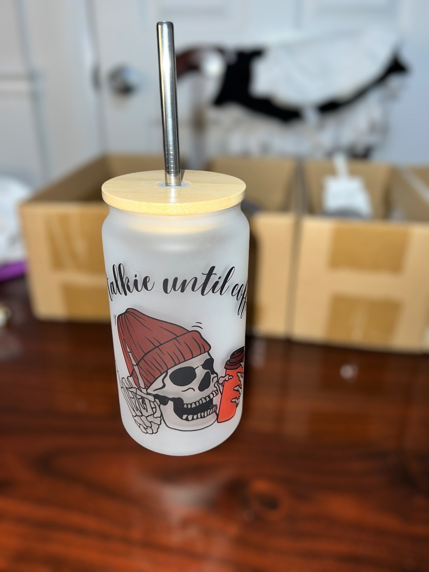 Frosted Glass Can • Skeleton Design • 18oz
