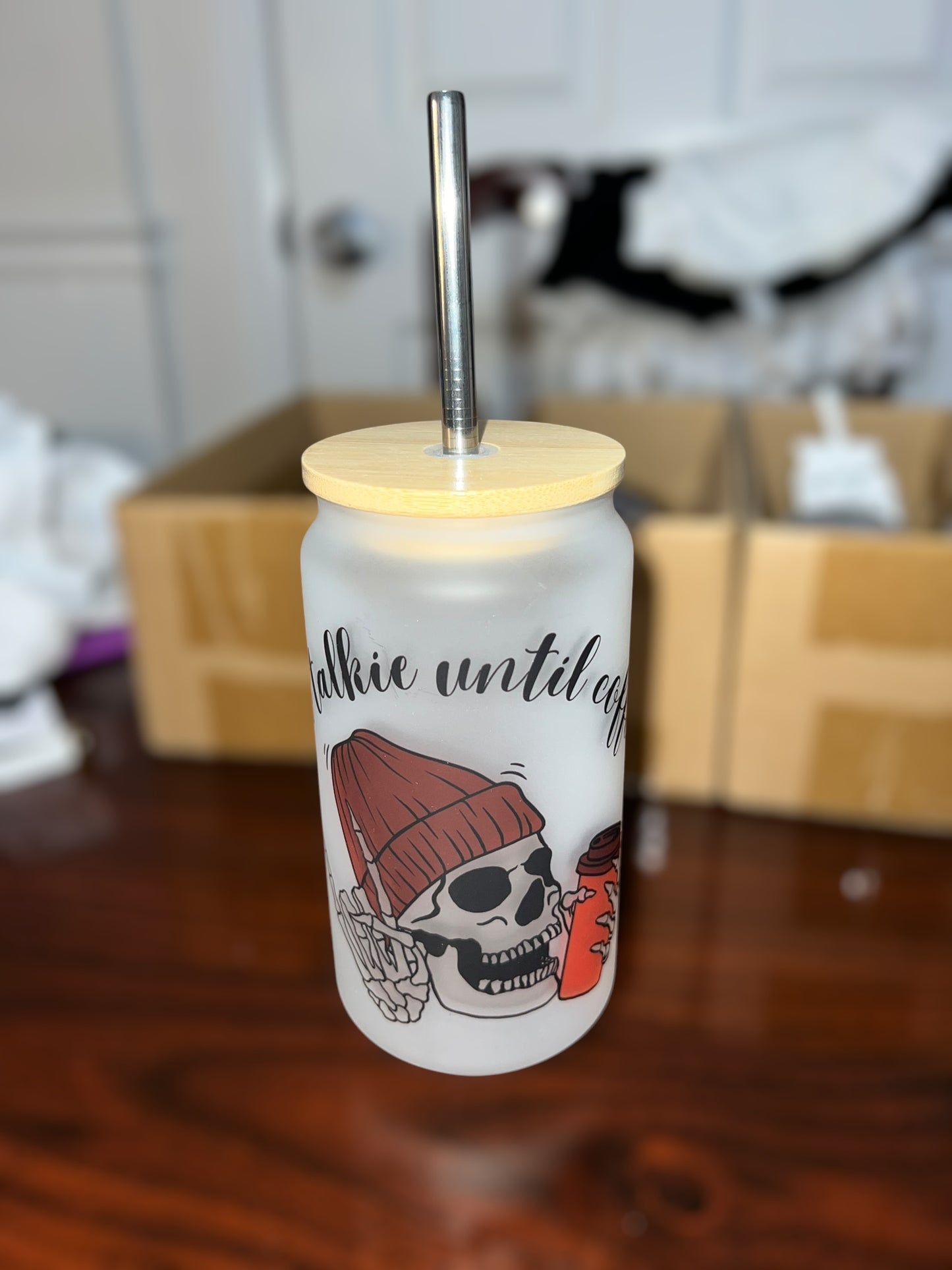 Frosted Glass Can • Skeleton Design • 18oz