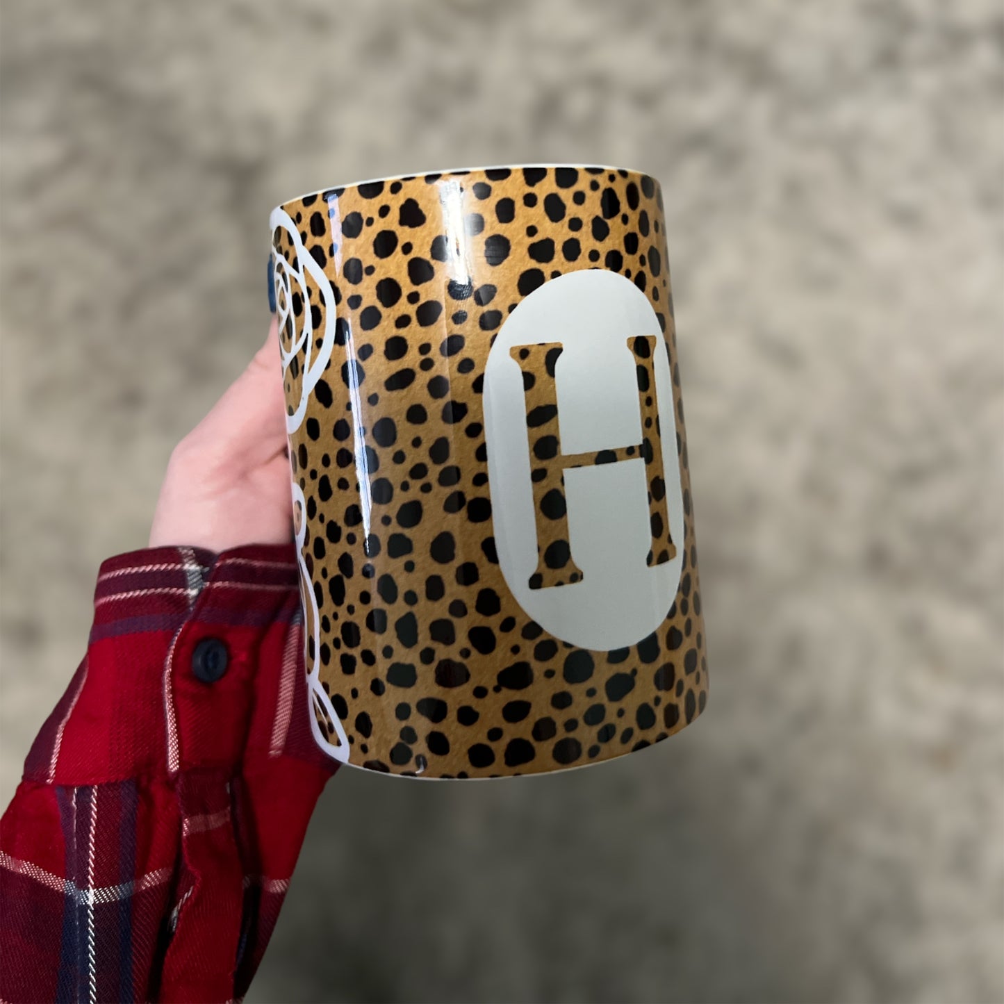 Mug • Your Initial • Rose/Animal Print Design • 15oz