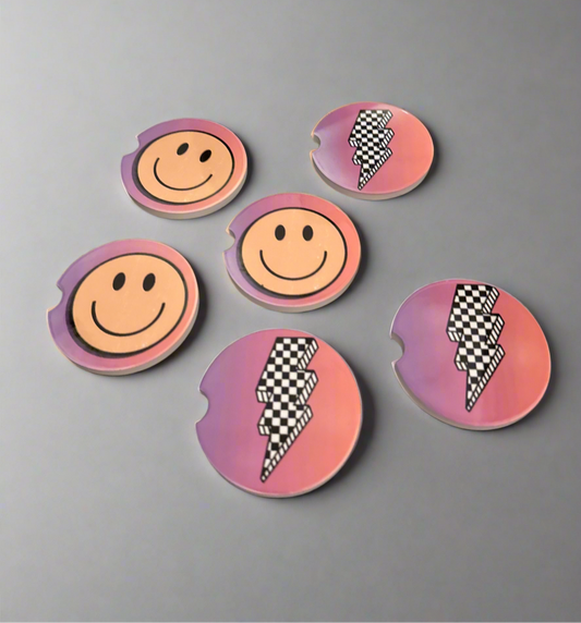 Car Coaster Set • Checkered Lightning + Smiley