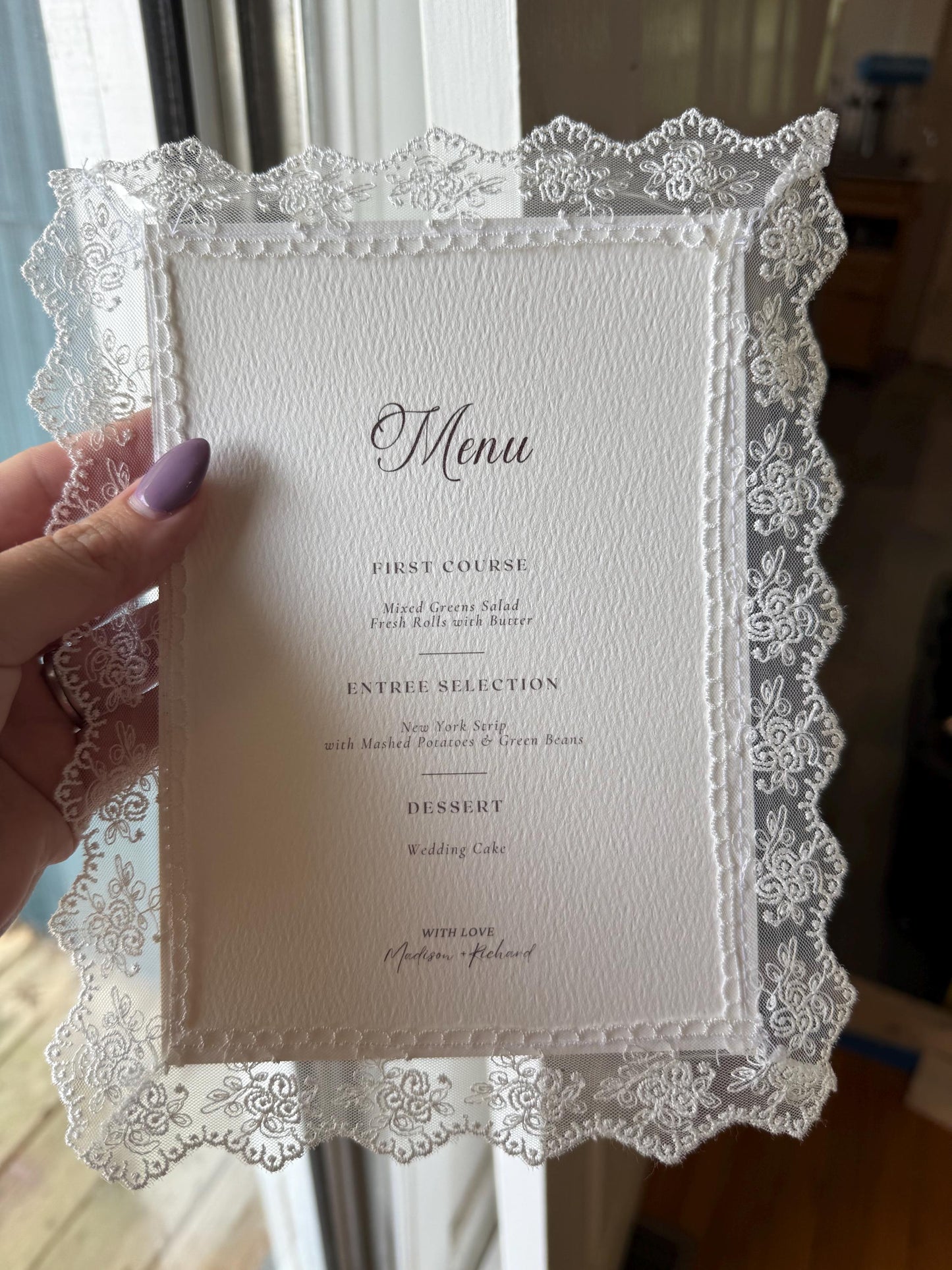Personalized Lace Wedding Menu Card | Elegant Wedding Reception Menu | Vintage Inspired Lace Menu | Custom Wedding Stationery