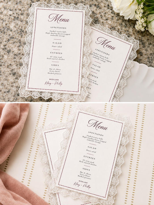 Personalized Lace Wedding Menu Card | Elegant Wedding Reception Menu | Vintage Inspired Lace Menu | Custom Wedding Stationery